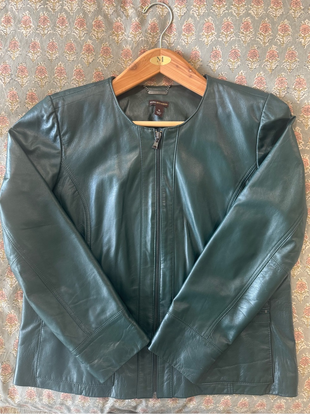 Dana Buchman Forest Green Genuine Leather Collarless Zip Jacket, Womens XL